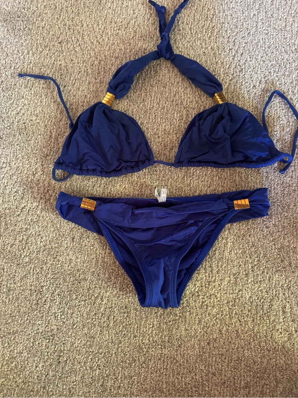 Women’s Royal Blue Halter Bikini with Gold Accent Hardware